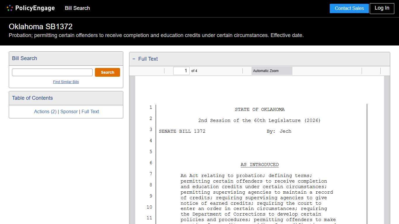 SB1372 Oklahoma 2026 Probation; permitting certain offenders to receive completion and education credits under certain circumstances. Effective date. - Legislative Tracking PolicyEngage